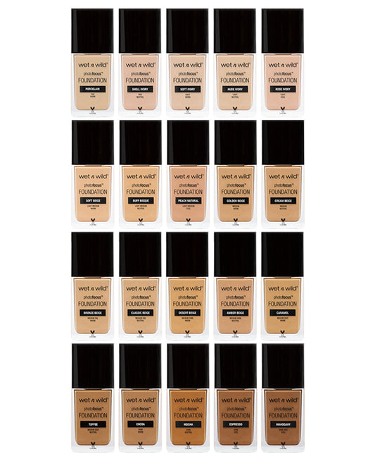 Base líquida photofocus mate - Wet n Wild - tonos: desert beige, amber beige, golden beige, MAT